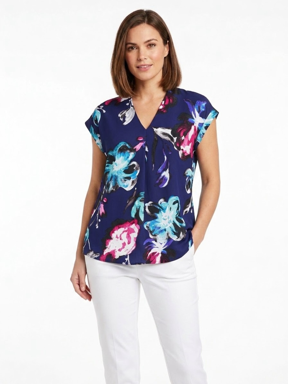 Pleione NWOT Short Sleeve Floral Split-Neck Blouse - Navy Blue No Stretch